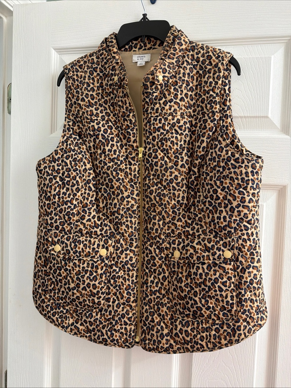 crown & ivy Leopard-Print Quilted Vest with Gold Hardware